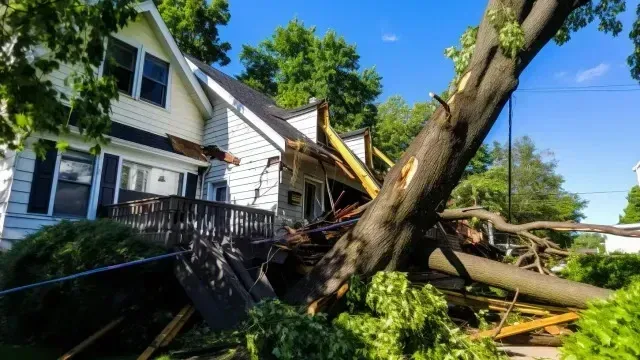Tree Service close to me - A large tree has fallen on a house, damaging the roof and structure.