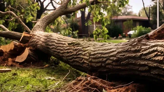 tree service close to me -Fallen tree trunk on green grass, partially cut, with a house in the blurred background.