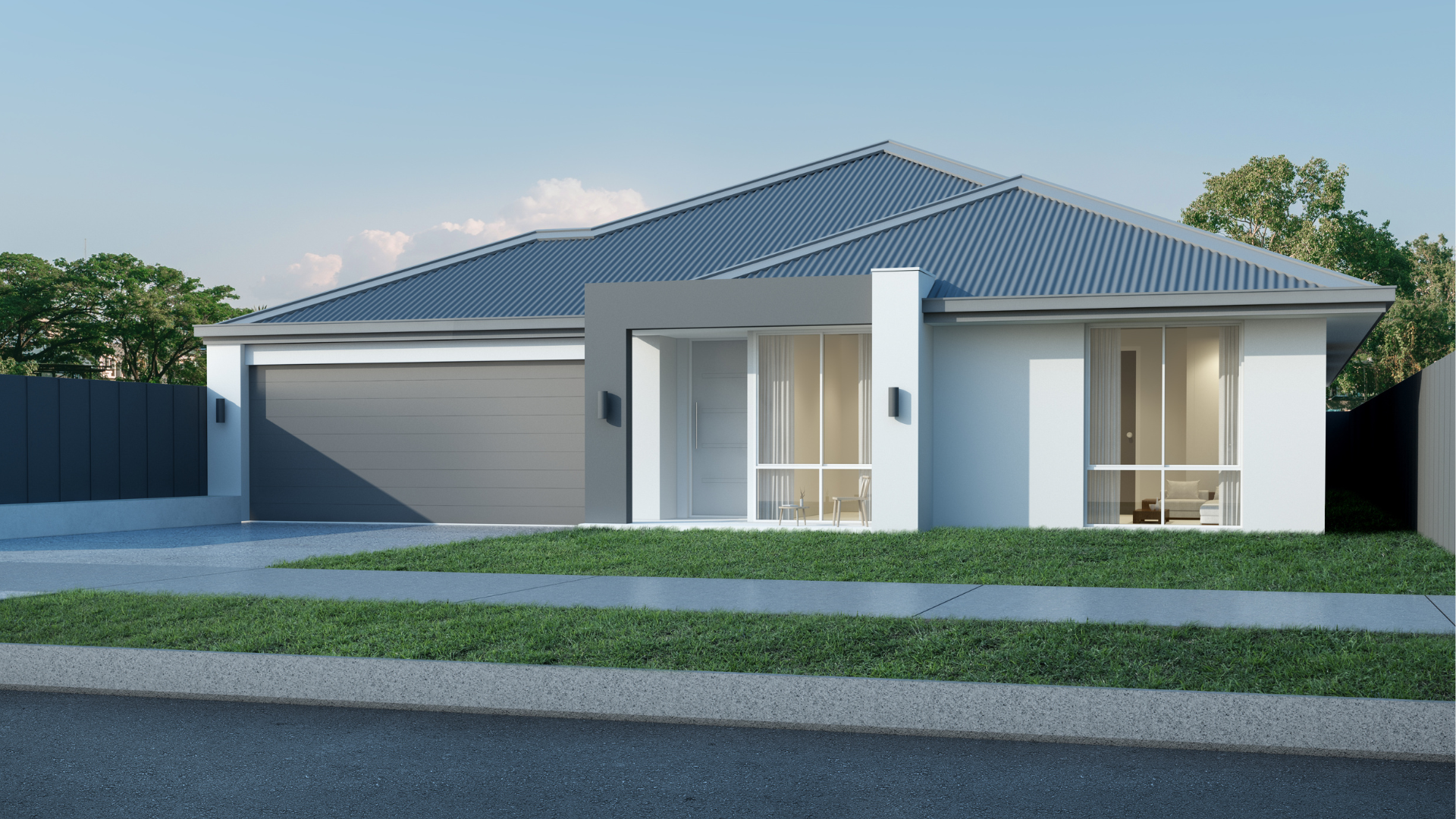 An artist 's impression of a house with a blue roof