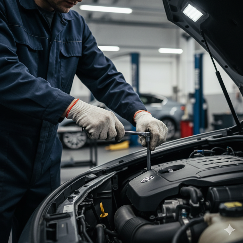 Meccanico in tuta blu che lavora sul motore di un'auto, utilizzando una chiave inglese in un'officina.