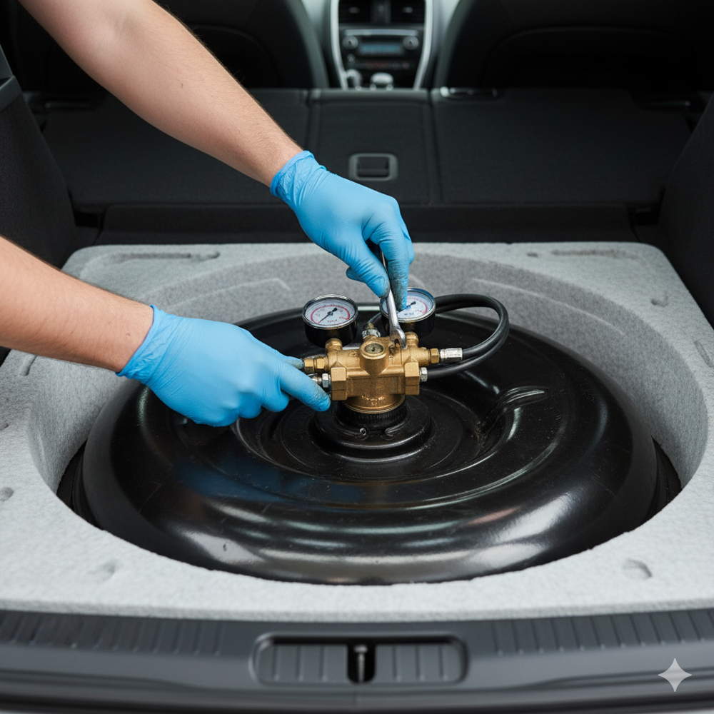 Mani con guanti blu ispezionano un serbatoio di gas naturale nel bagagliaio di un'auto.