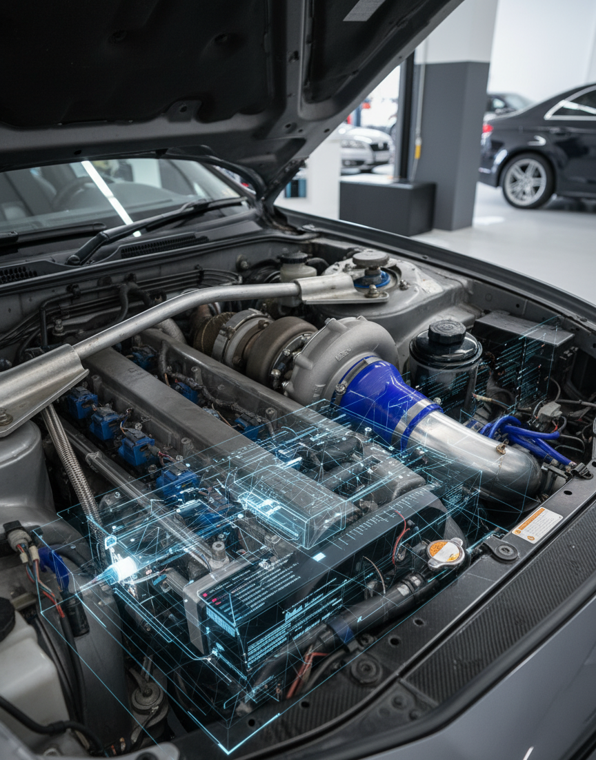 Vano motore di un'auto modificata, con turbocompressore e aspirazione blu, in un garage.