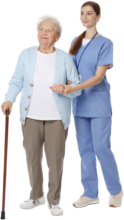 Elderly woman with a cane being assisted by a smiling healthcare worker in blue scrubs. They are walking together.