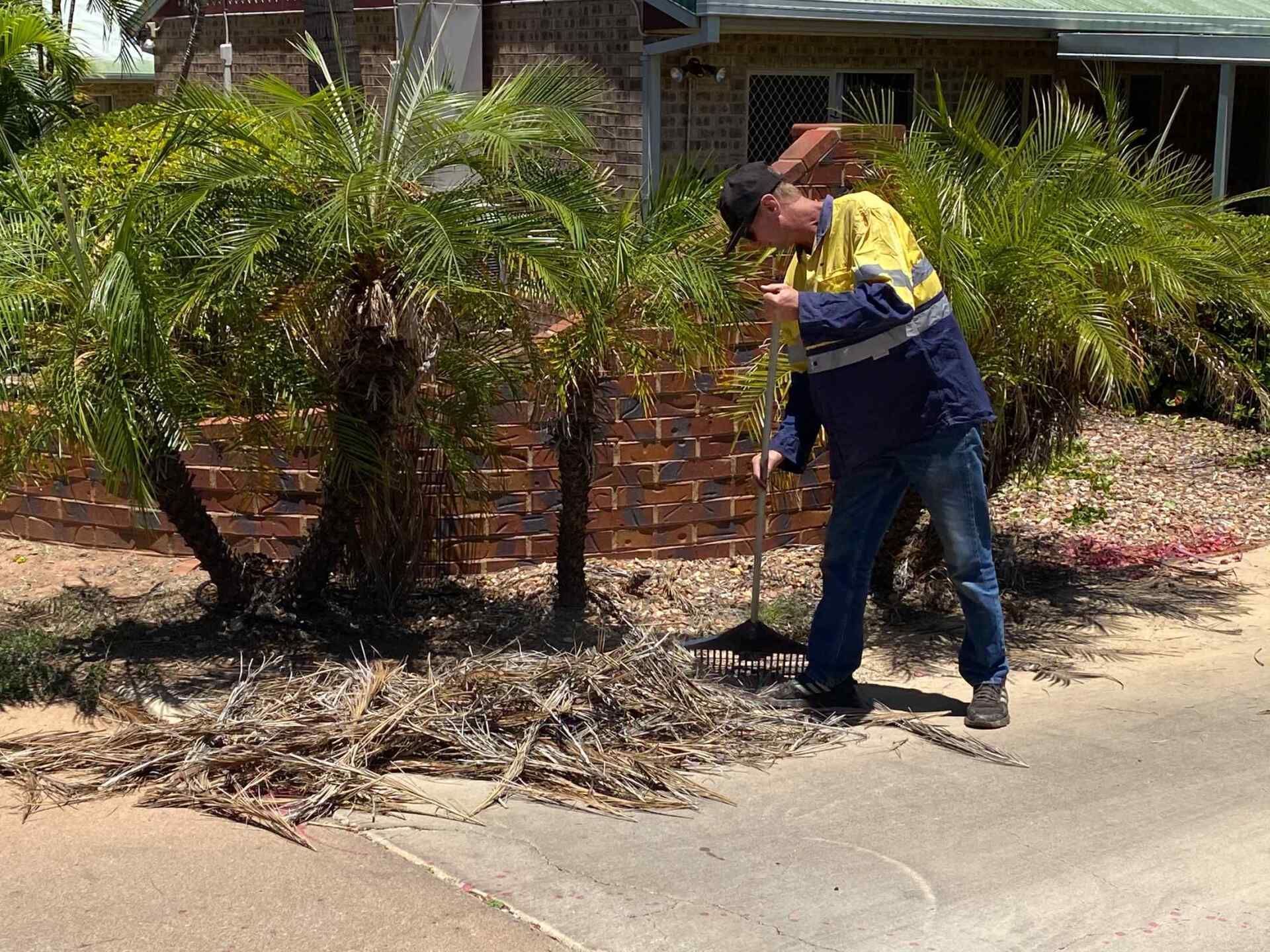 Person Sweeping up Debris Near Palm Trees and A Brick Wall — Darrell's Mowing Services in Cloncurry, QLD