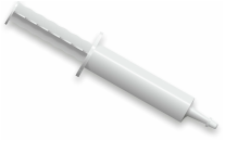 A white syringe is sitting on a white surface.