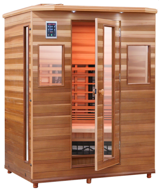 A wooden sauna with the doors open and a clock on top