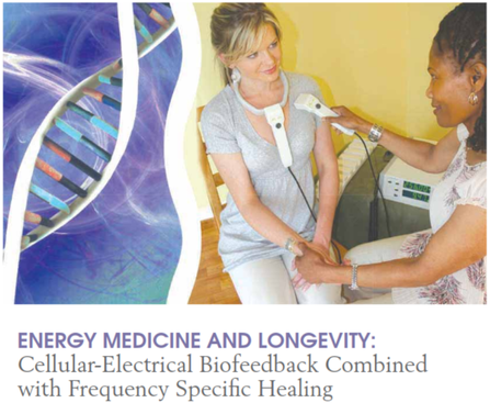 An ad for energy medicine and longevity cellular electrical biofeedback combined with frequency specific healing