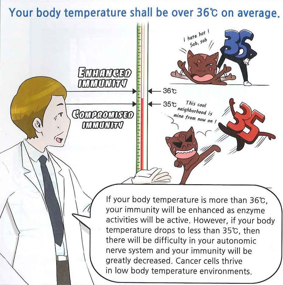 A cartoon of a man and a cat with the words your body temperature shall be over 36 degrees on average