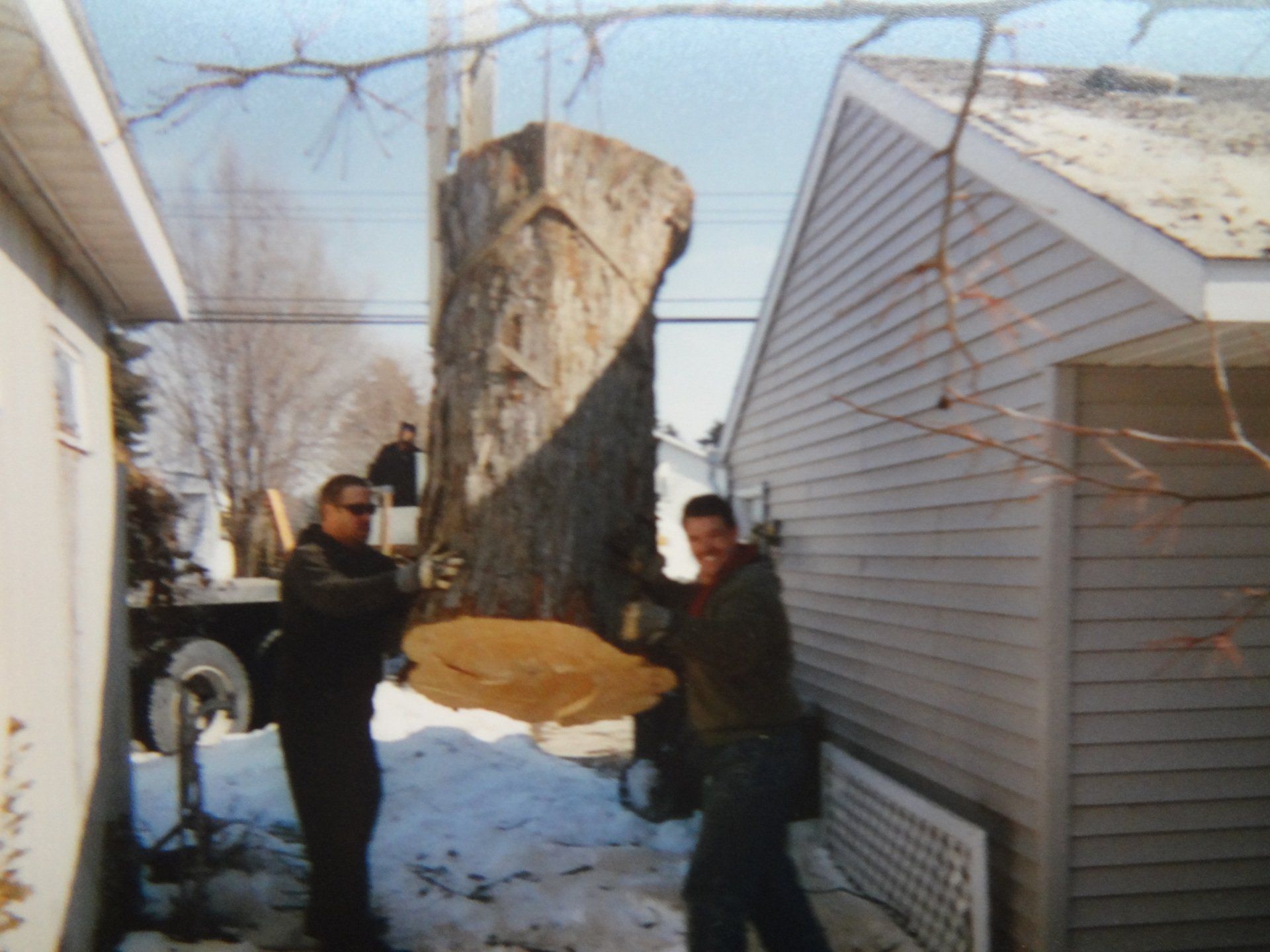 Tree Trimming — Two Men Holding Giant Log in Delton, MI