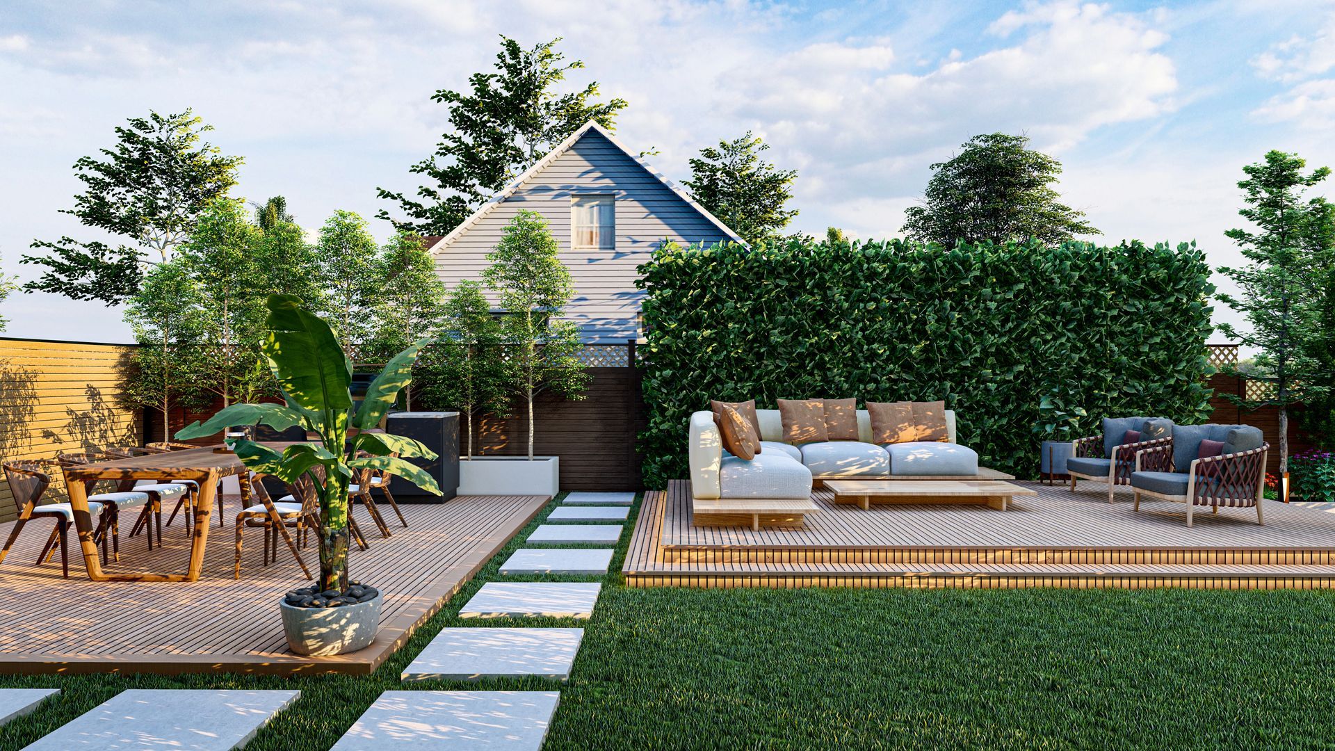 A backyard with a couch, chairs, and a table.