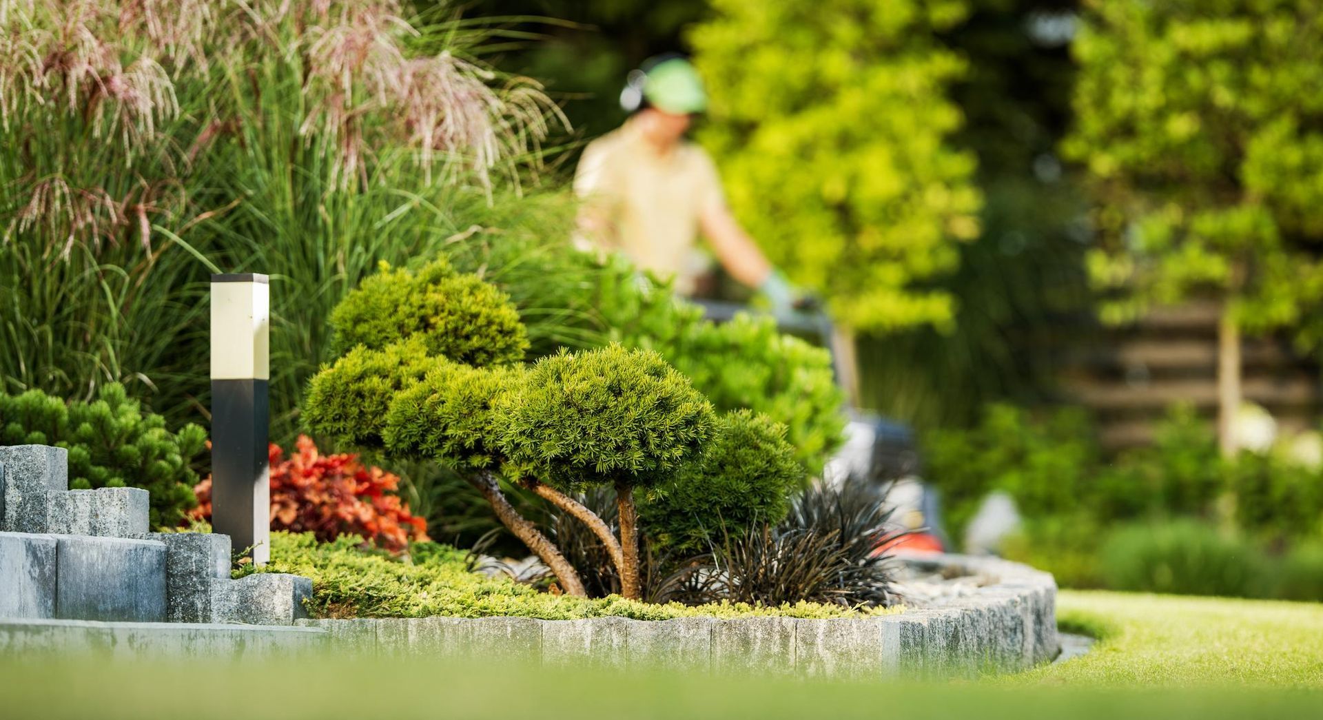A man is cutting grass in a garden with a lawn mower.