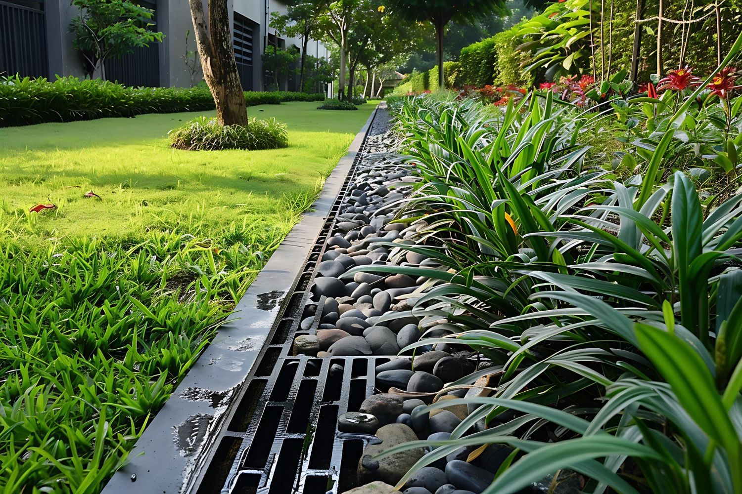 A drain is surrounded by rocks and plants in a garden.