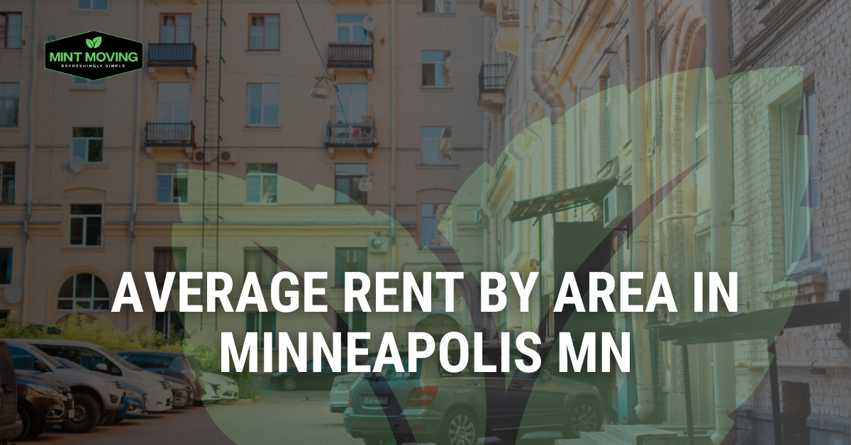 Apartment building exterior in Minneapolis, MN with overlay text: