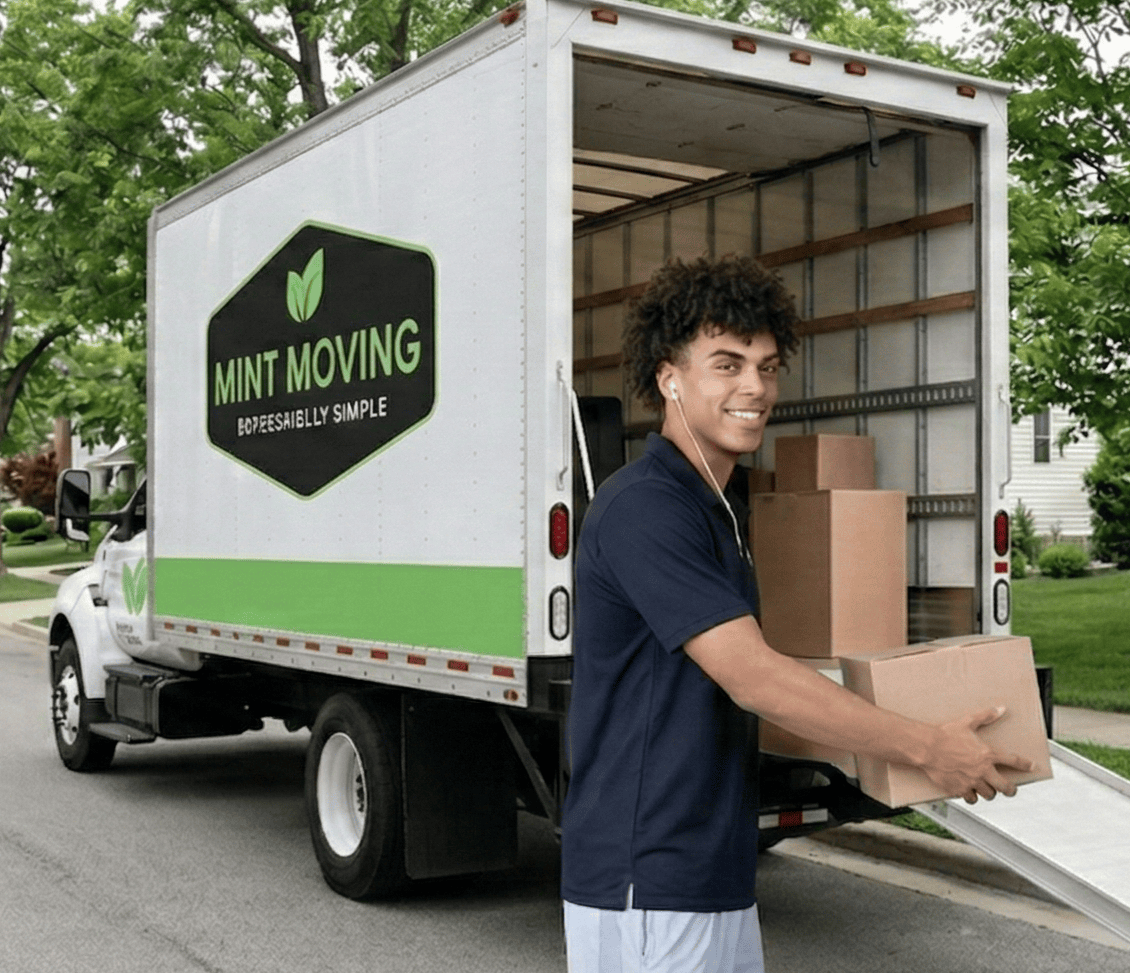 A smiling person in a navy shirt carries a cardboard box from a
