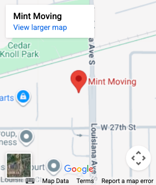 Map showing the location of Mint Moving near Cedar Knoll Park, with street names visible.