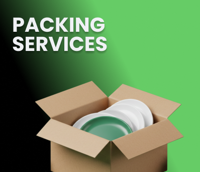 Cardboard box with dishes, green and white, for packing services, black/green background.