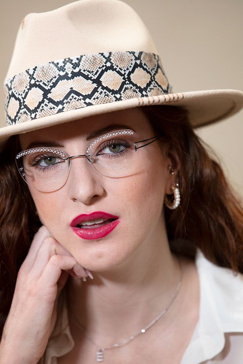 light rimless glasses with pearls