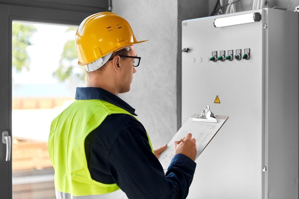 A man wearing a hard hat and safety vest is looking at a clipboard.