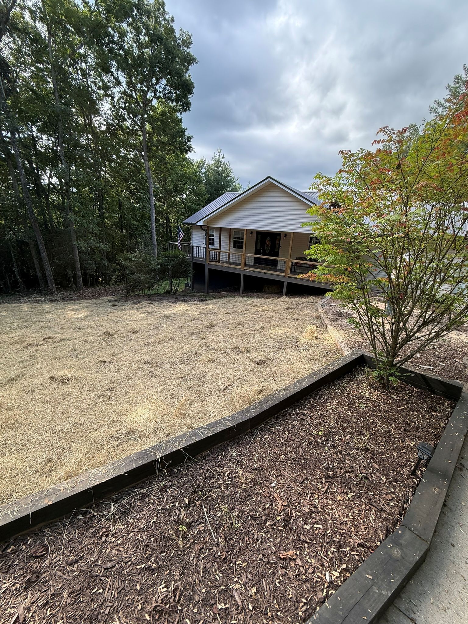 A small house on stilts in a clearing, surrounded by trees and a mulch-lined garden bed. Overcast sky.