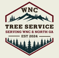 Logo for WNC Tree Service featuring mountains and trees, serving WNC & North GA.