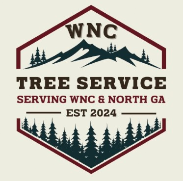 Logo for WNC Tree Service featuring mountains and trees, serving WNC & North GA.