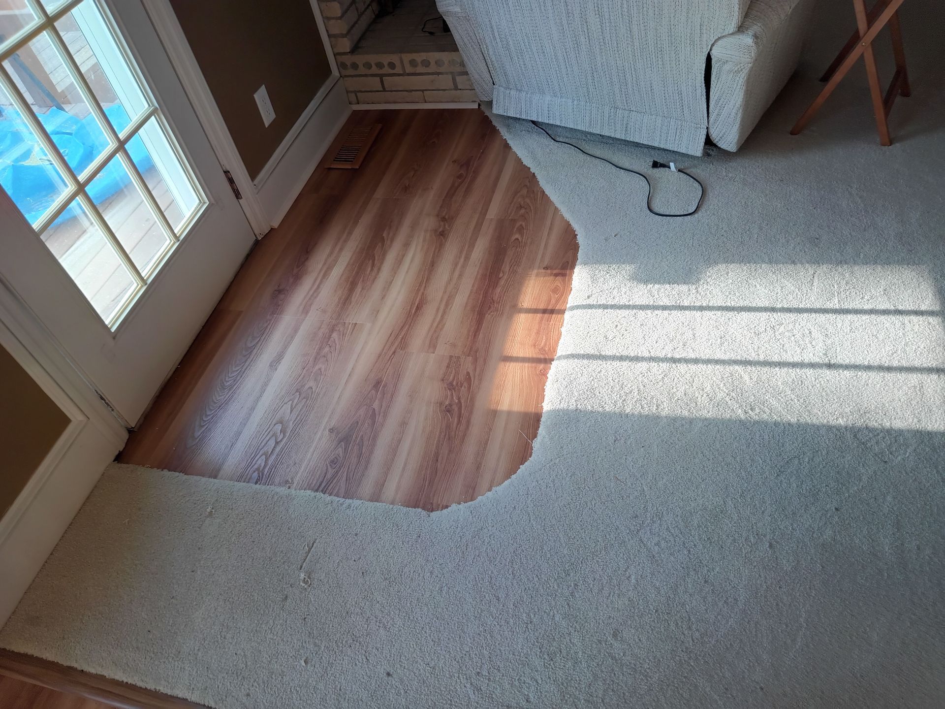 An entryway shows a transition from light-colored carpet to light wood-look flooring near a glass paneled door.