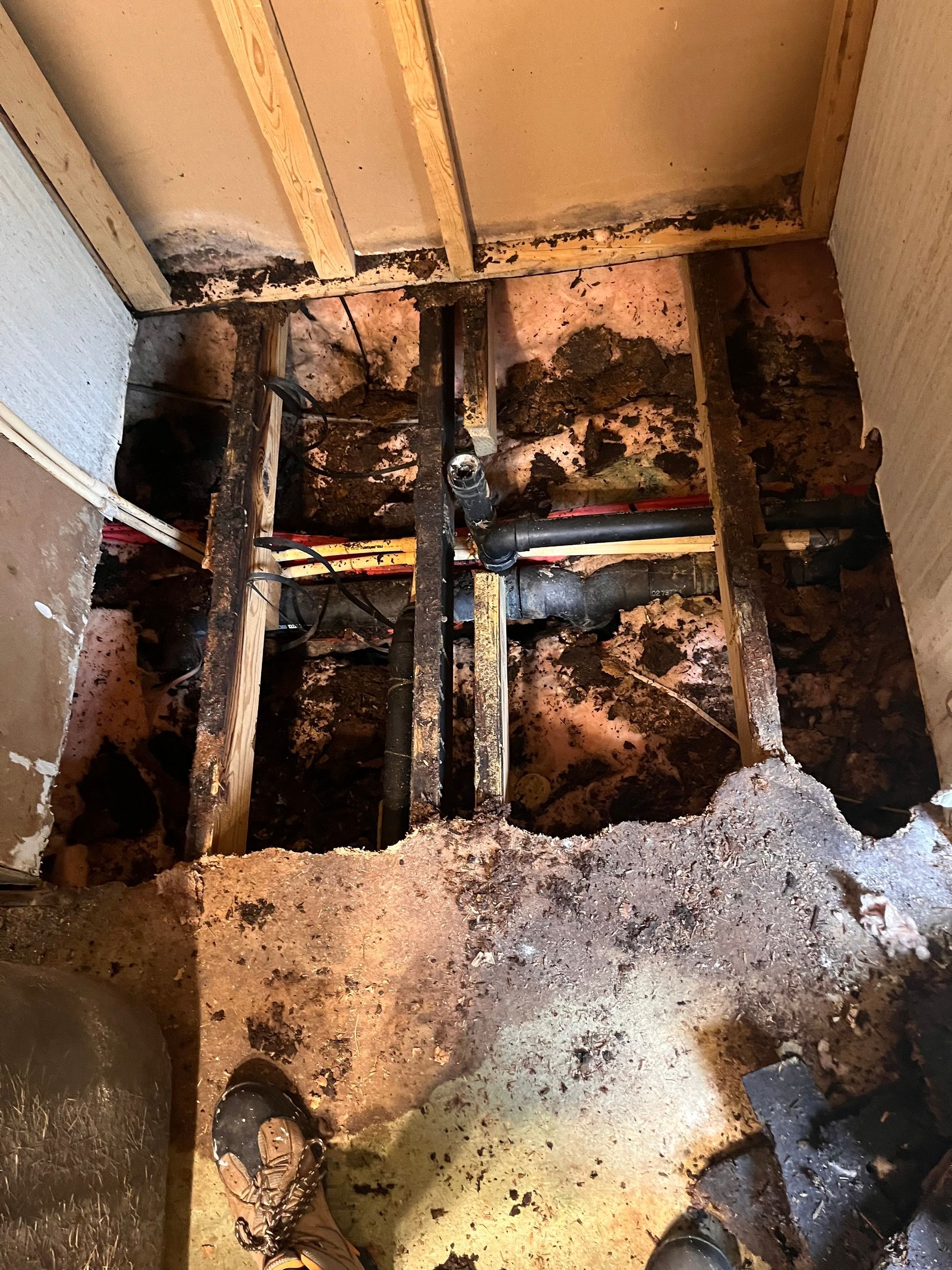 An open floor showing rotted wooden joists and plumbing pipes exposed beneath a removed subfloor.