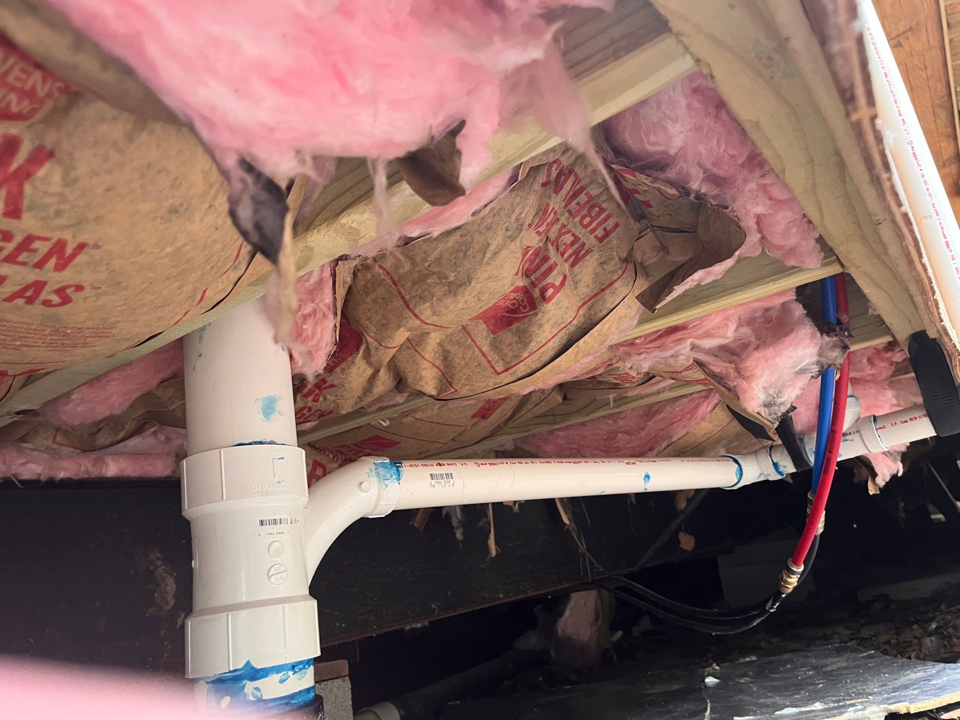 Under-floor view of white PVC plumbing pipes and red and blue water supply lines near insulation and wooden beams.