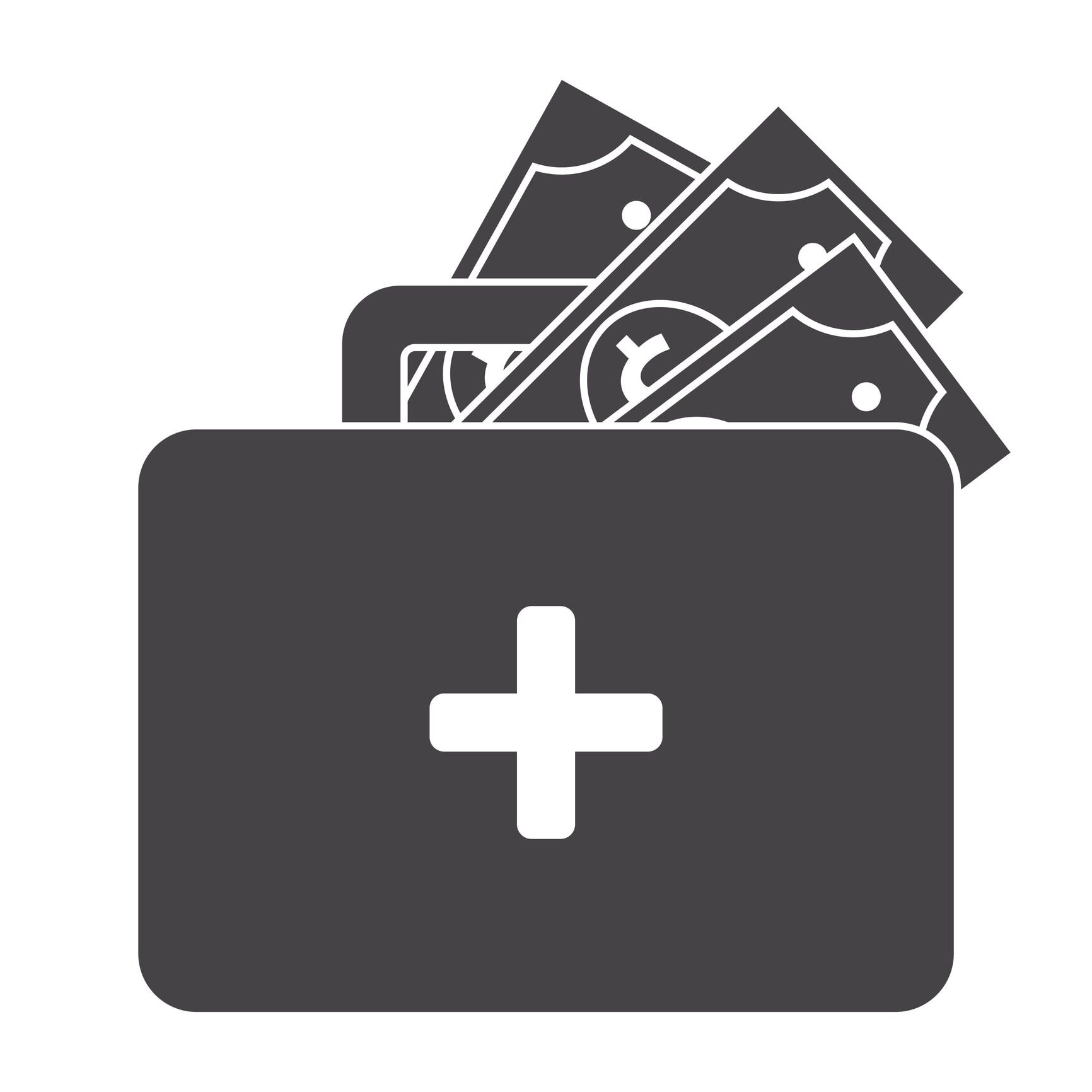 Wallet with money and a white plus sign on it.