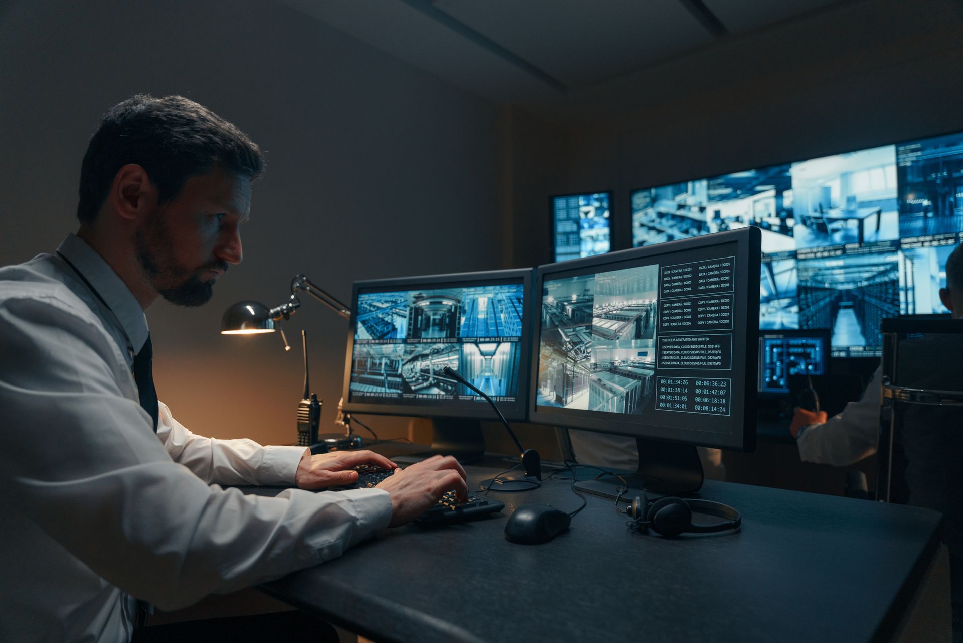A security guard, in a white uniform, monitoring network video recording cameras in his office.