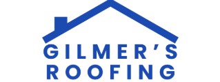 Blue logo with a house shape above the words "GILMER'S ROOFING" in blue font.