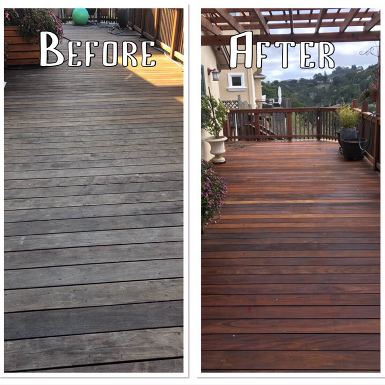 A before and after photo of a wooden deck.