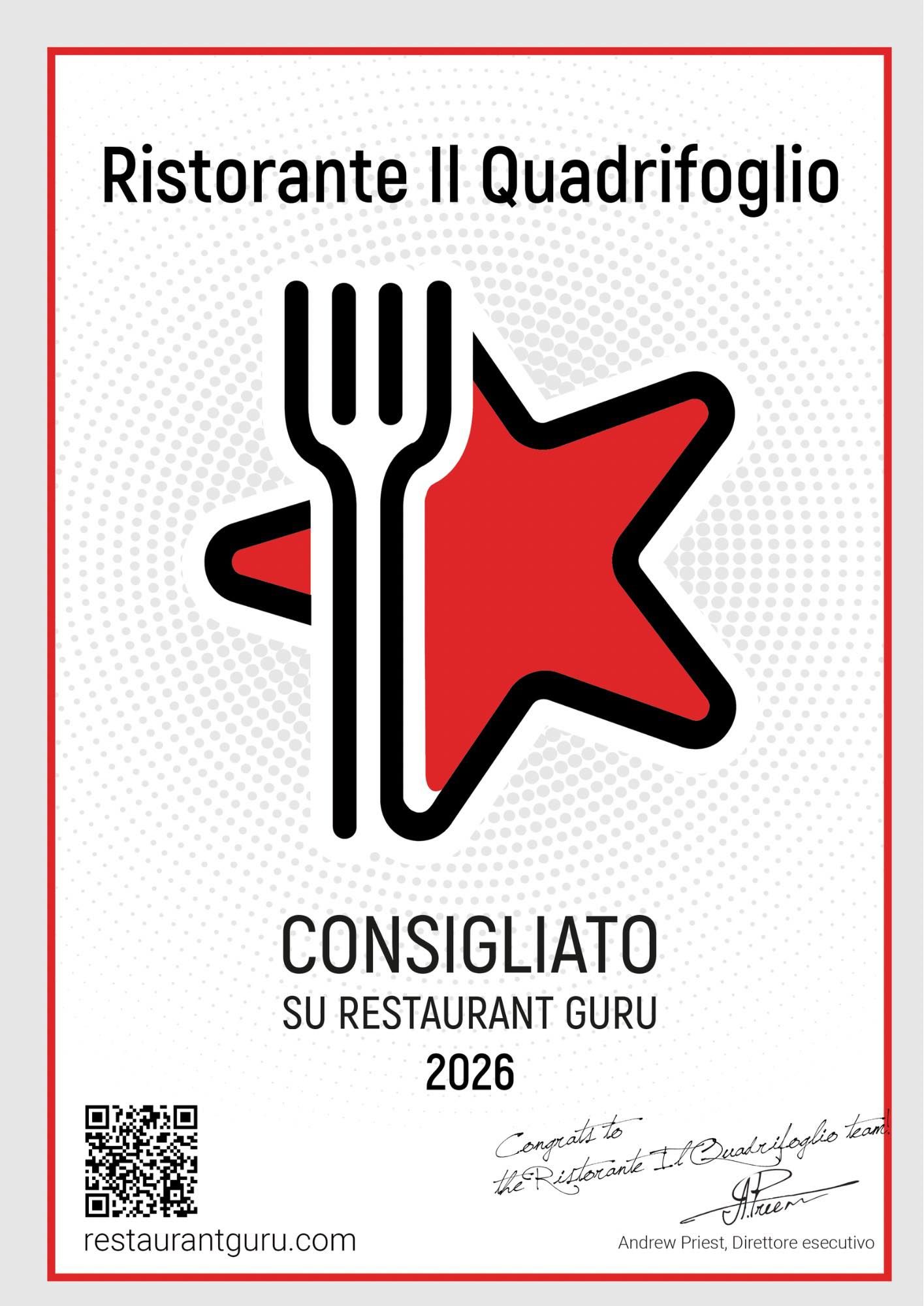 Ristorante Il Quadrifoglio award poster with red star, fork icon, and “Consigliato su Restaurant Guru 2026”