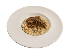 Piatto bianco con cremoso risotto condito con una salsa bruna ai funghi.