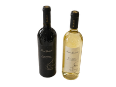 Due bottiglie di vino, una rosso scuro e una bianco pallido, affiancate su uno sfondo bianco.
