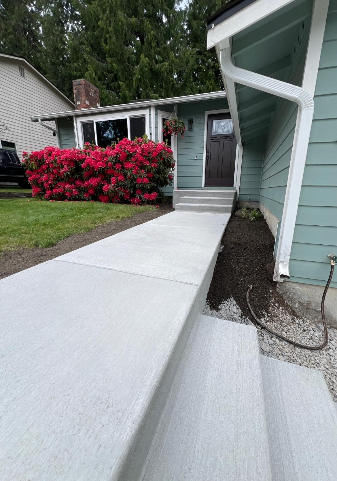 Concrete walkway leading to a house with a dark door, bushes, and green siding.