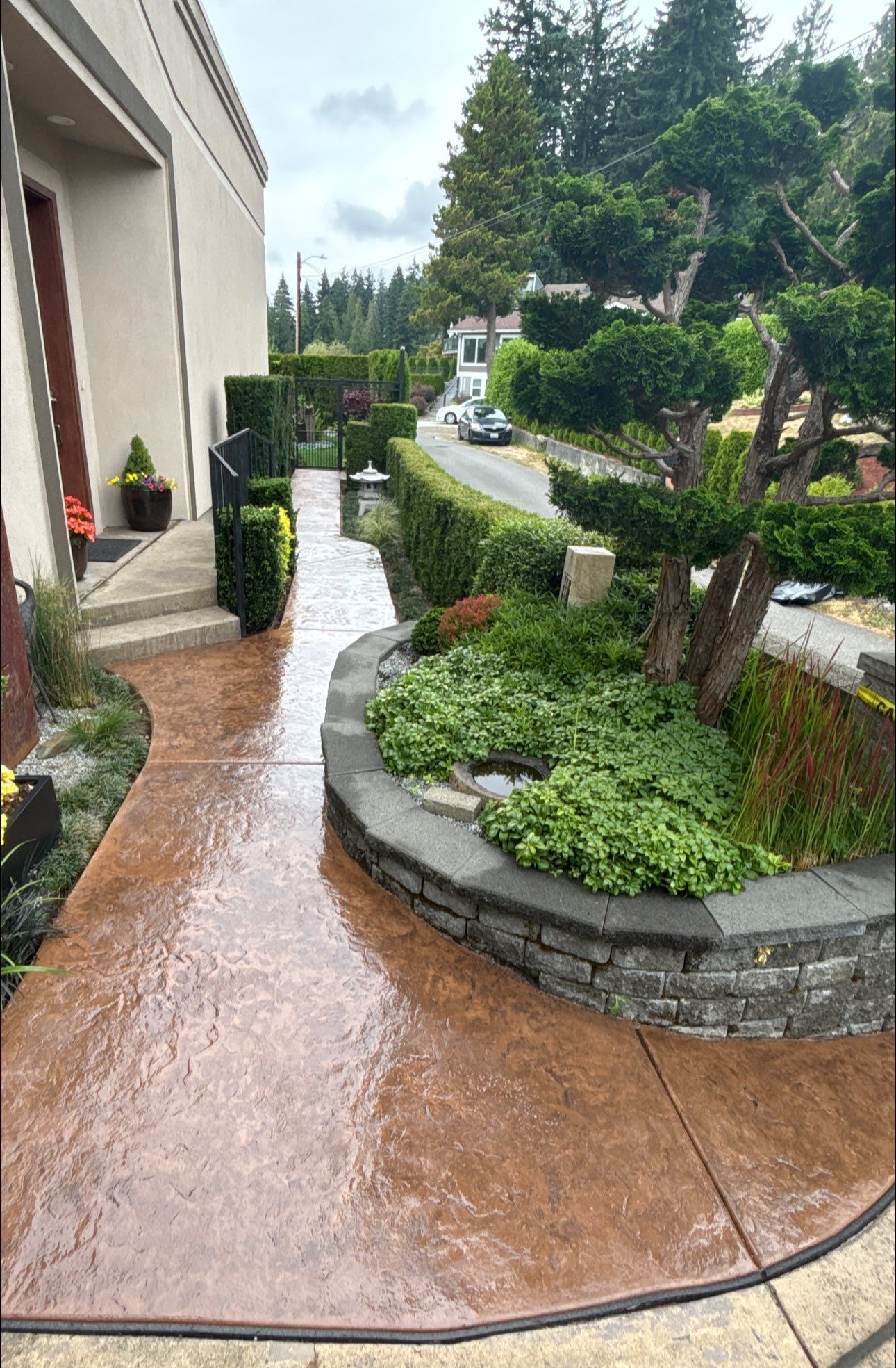 Brown stamped concrete path curves alongside a landscaped garden with a bonsai tree, leading to a home's entrance.