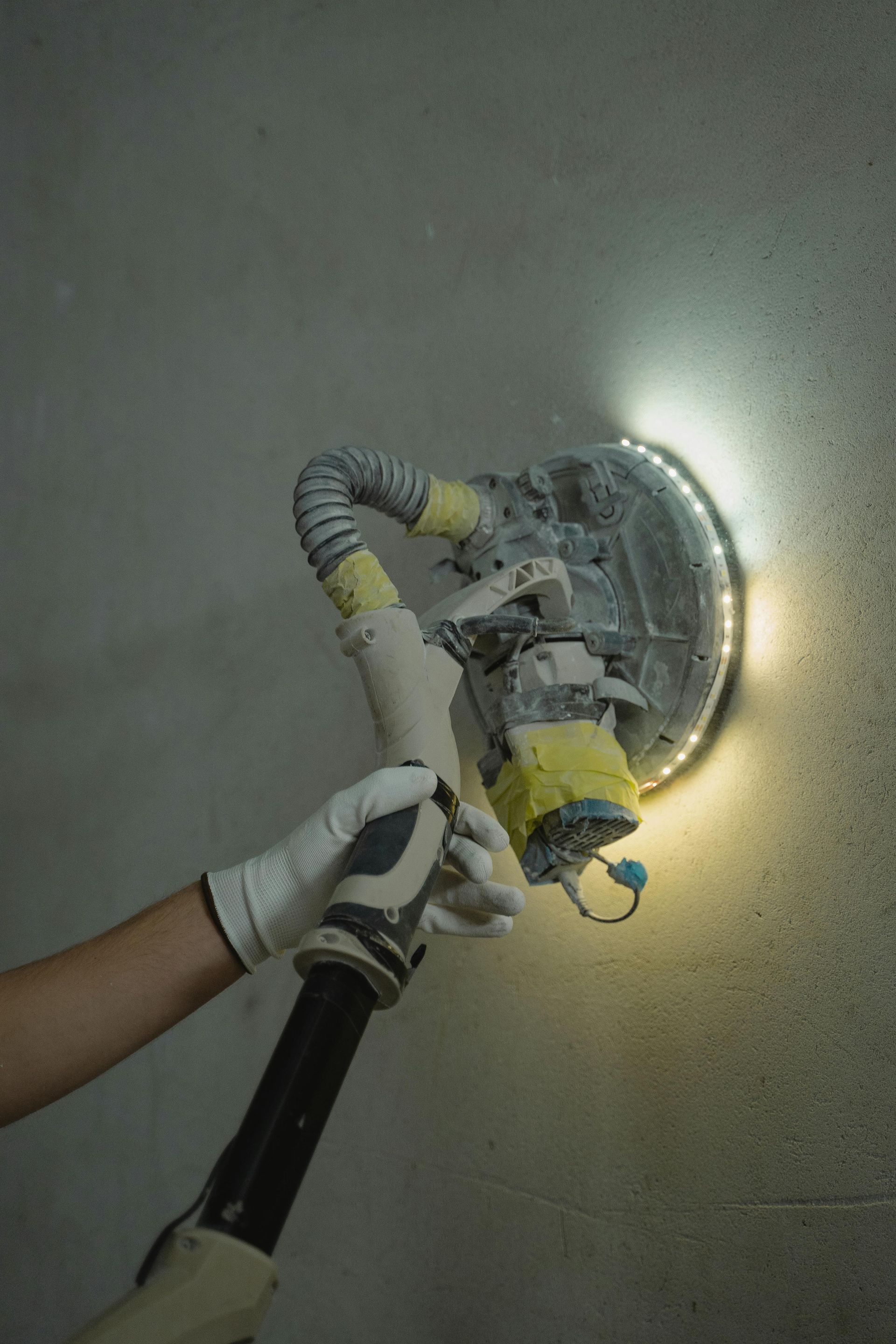 A person uses a wall sander on a gray wall. The sander is illuminated, with a flexible hose attached.