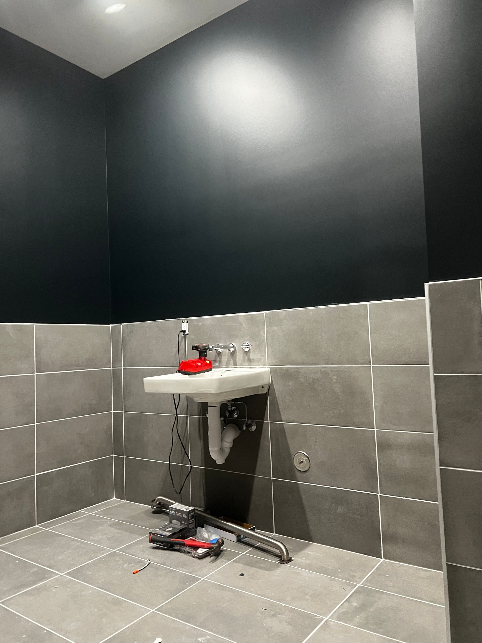 A bathroom with a sink and black walls