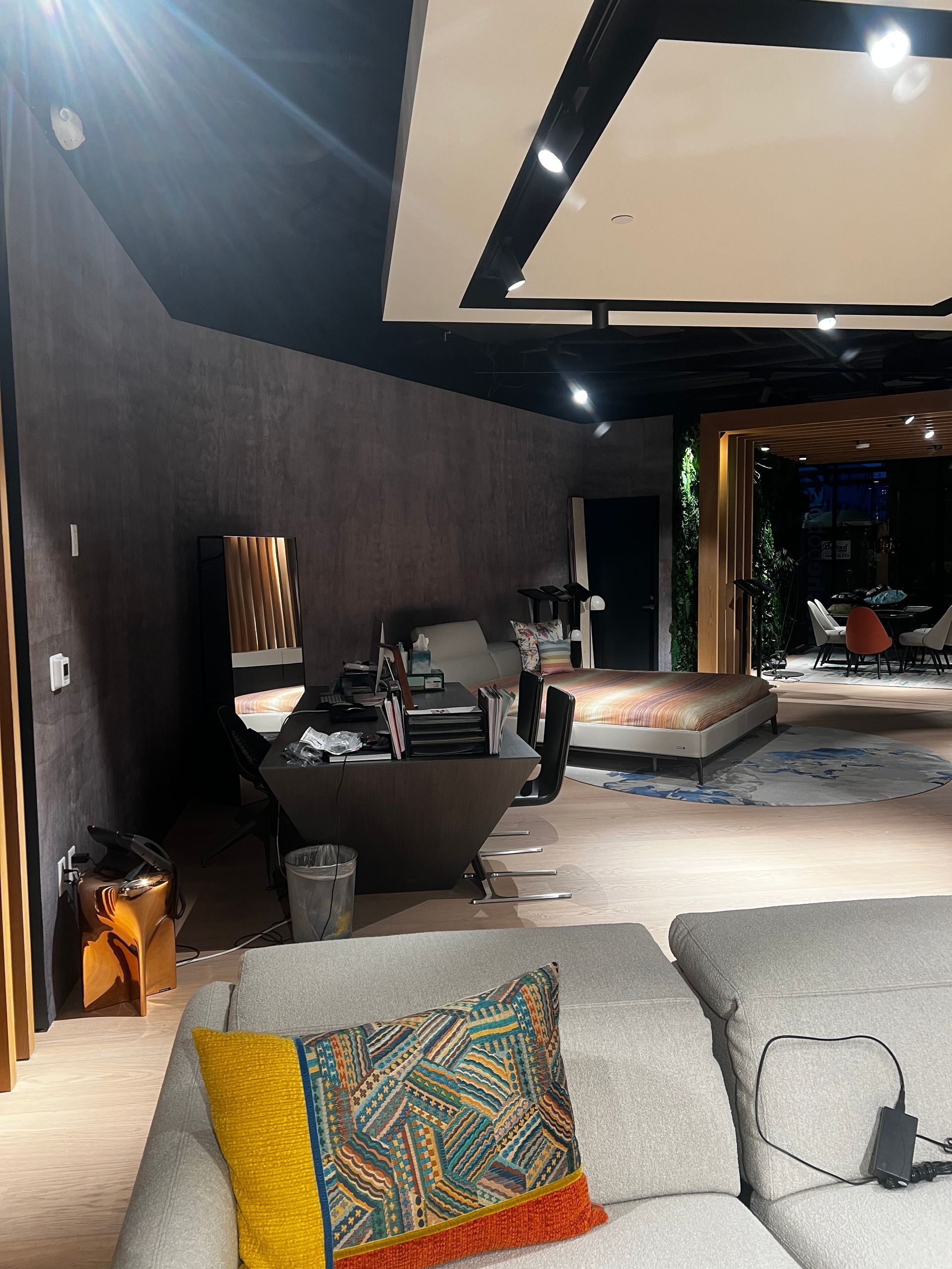 A living room with a couch and a bed in it