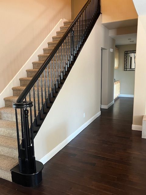 A staircase with a black railing and carpeted steps