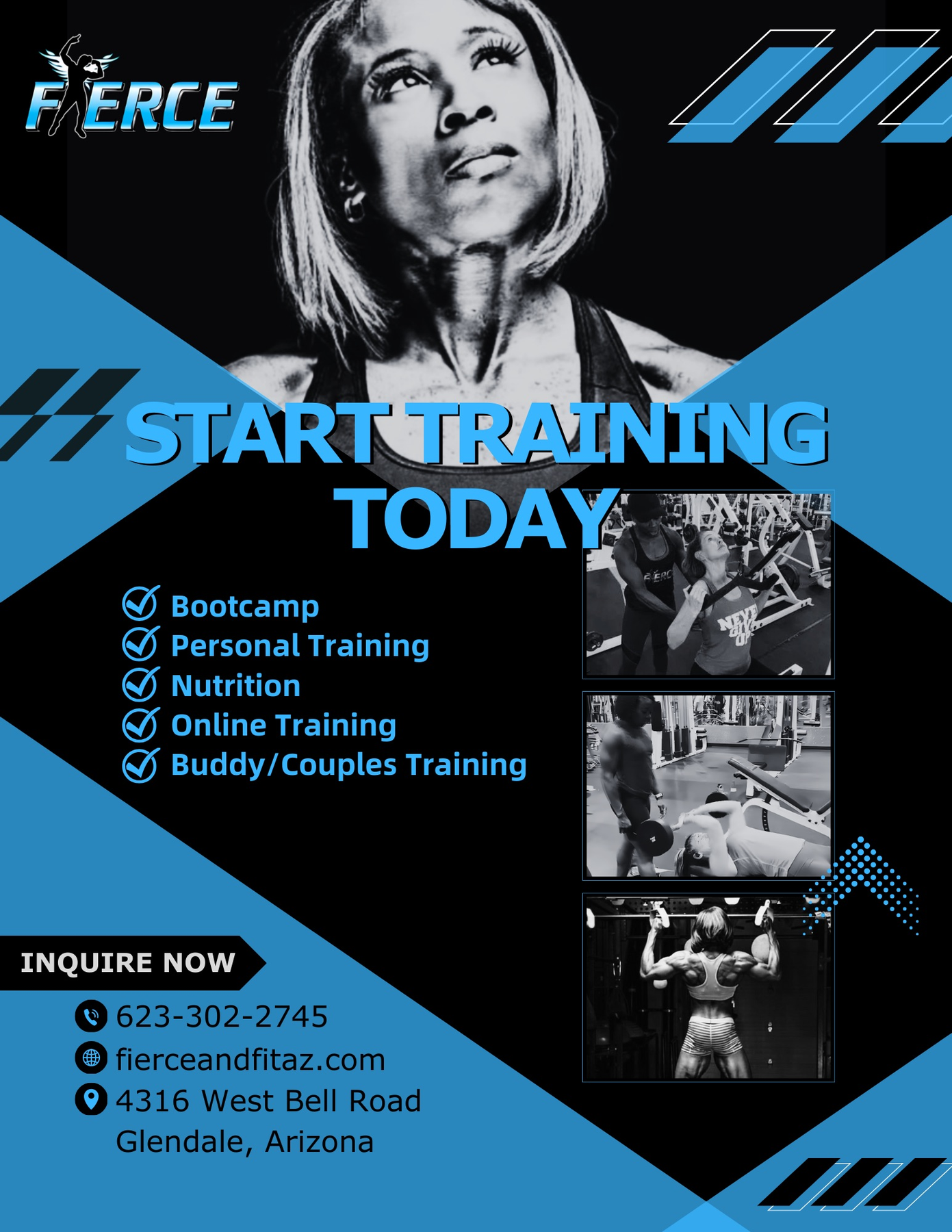A flyer for a fitness center that says start training today