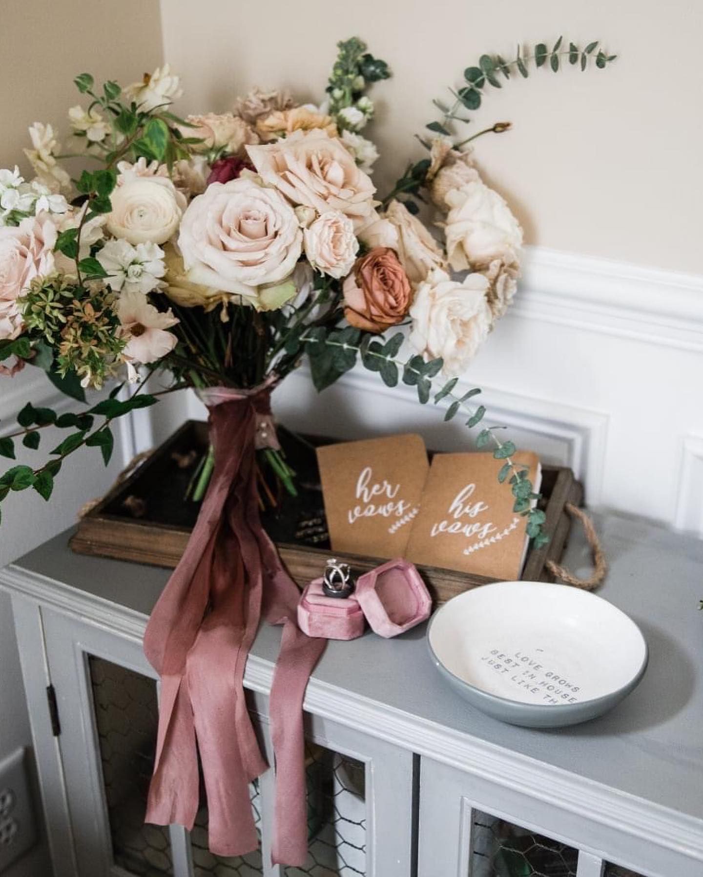 Wedding bouquet with ring box, cards (