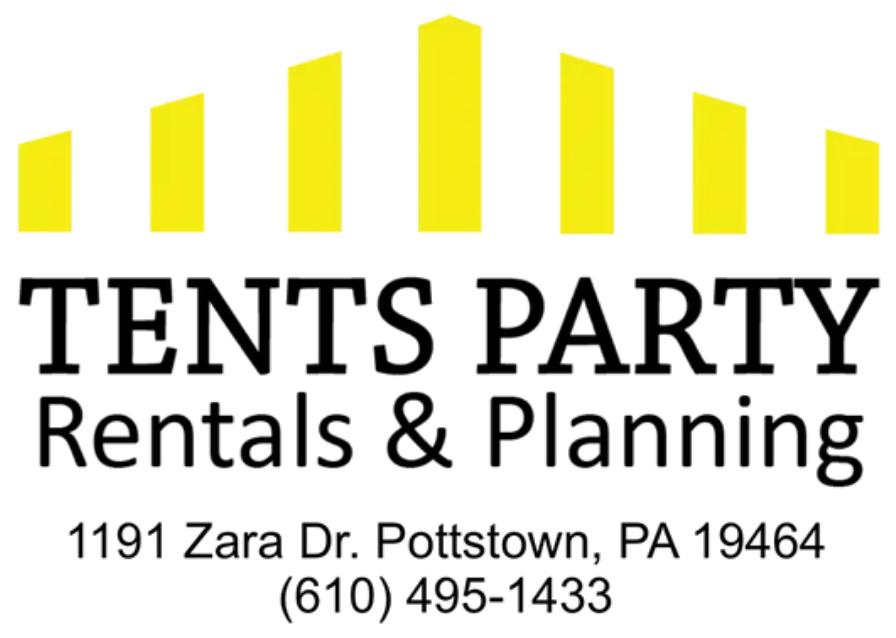 Logo for Tents Party Rentals & Planning, yellow tent graphic above text, address and phone.
