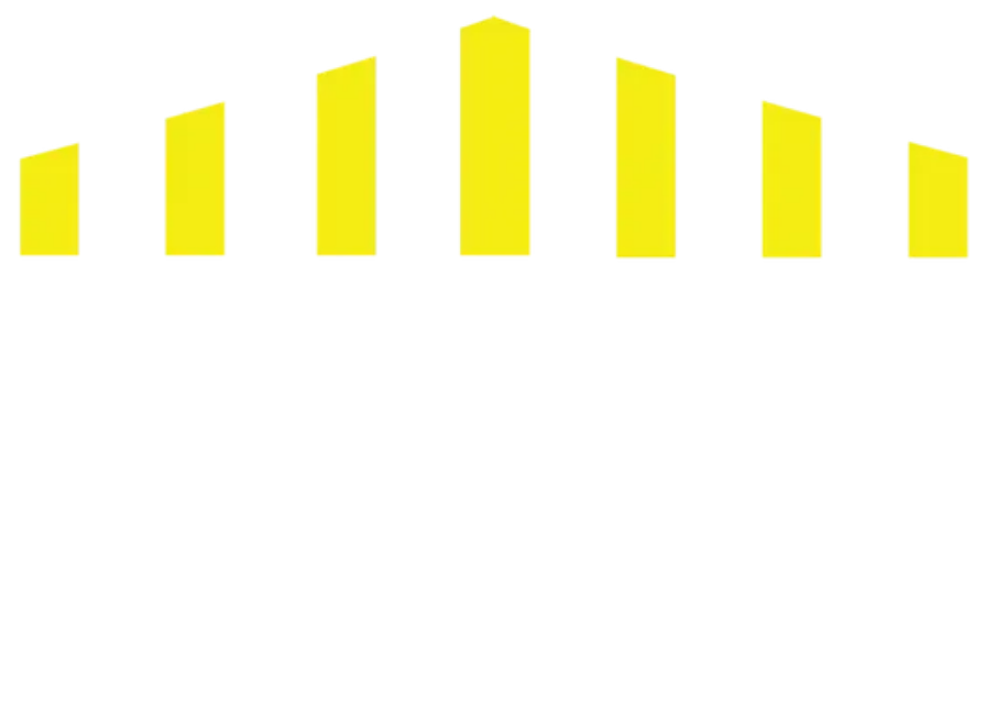 Yellow stylized cityscape silhouette on white background.