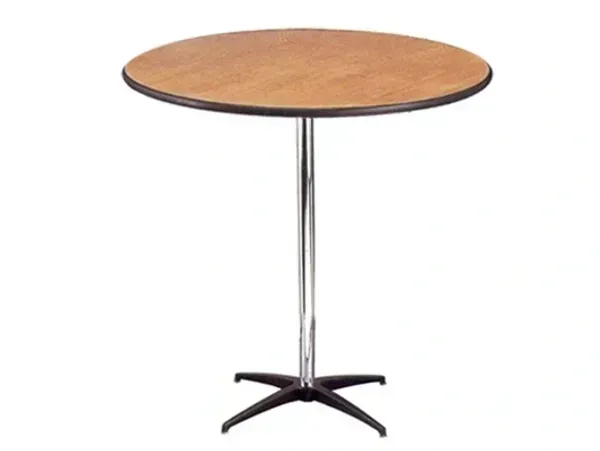 Round wooden café table with chrome pedestal base and black four-leg support on white background