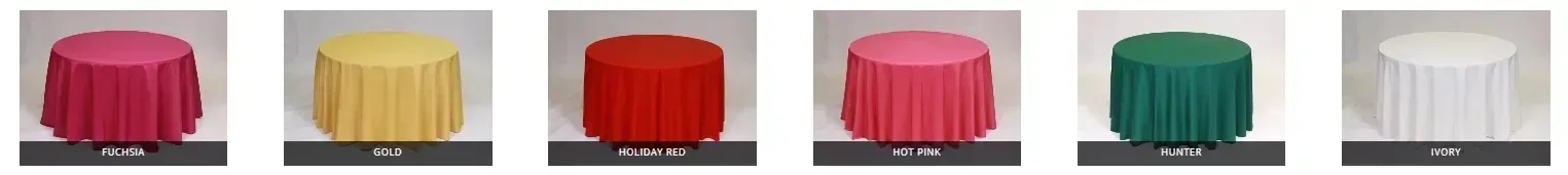 Six round tables draped with fabric in shades of pink, yellow, red, pink, green, and white.