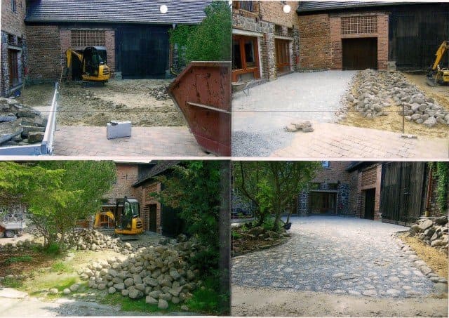 Eine Collage aus vier Bildern eines im Bau befindlichen Gebäudes