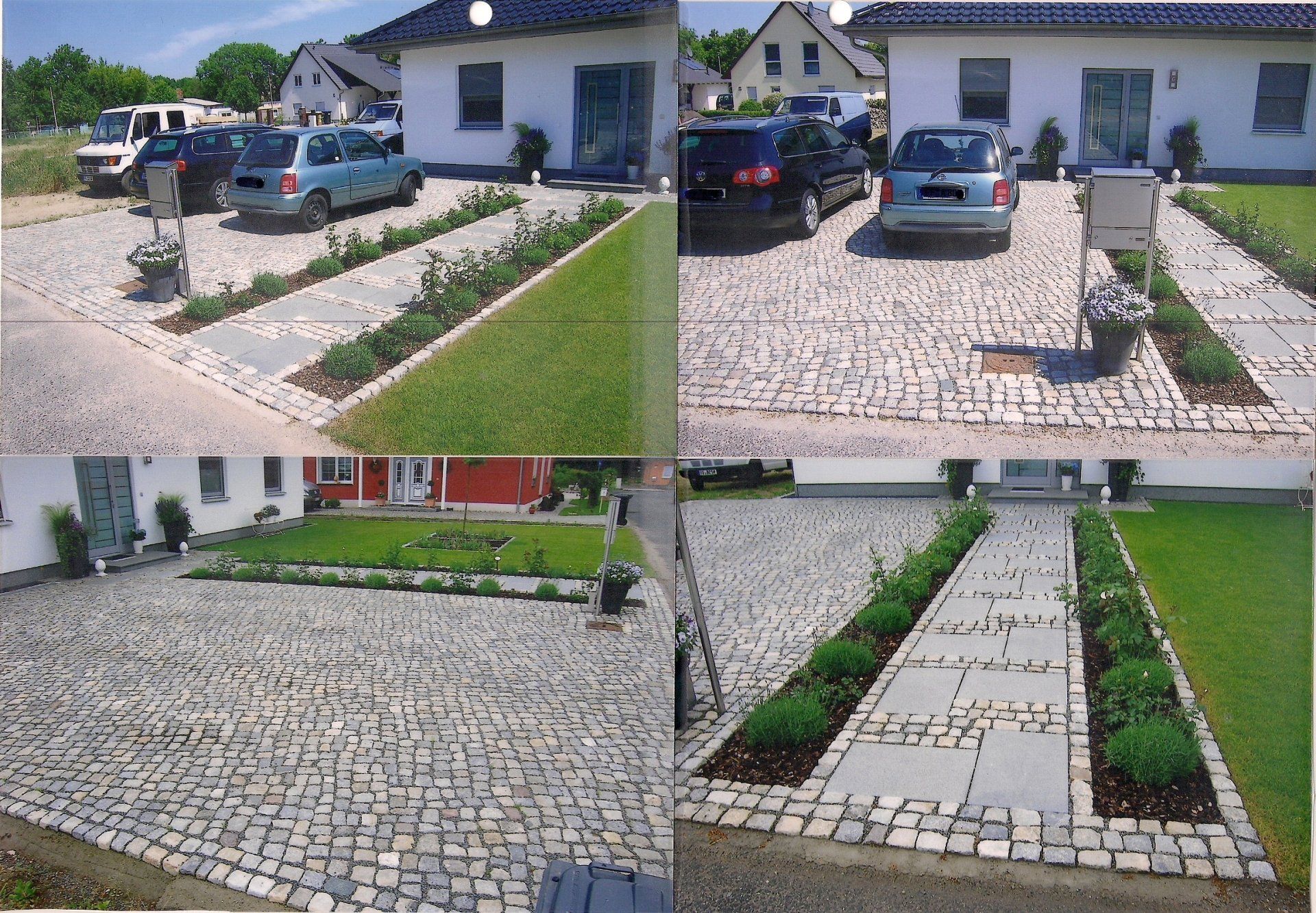 Eine Collage aus Bildern einer Einfahrt mit darin geparkten Autos