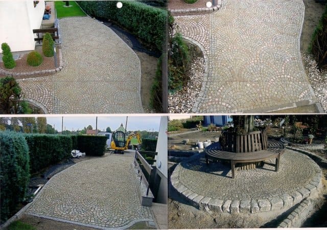 Eine Collage aus vier Bildern eines Kieswegs